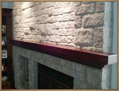 Wood Mantel Shelf for stone fireplace close up